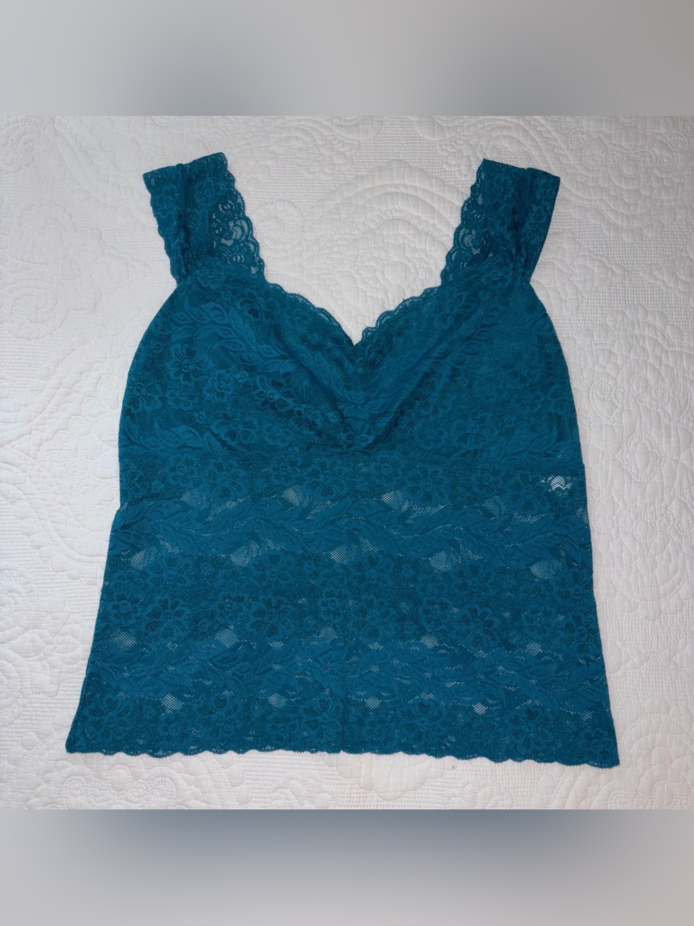 Y2K Fitted Lace Tank Top. Teal. Size: Large.